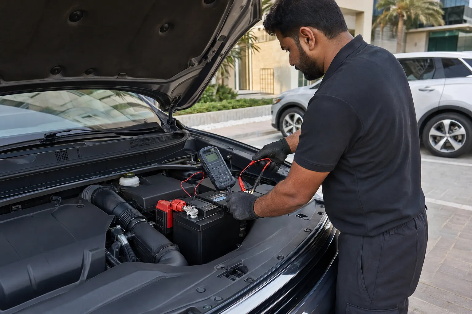 Mobile technician testing and replacing a car battery in Dubai