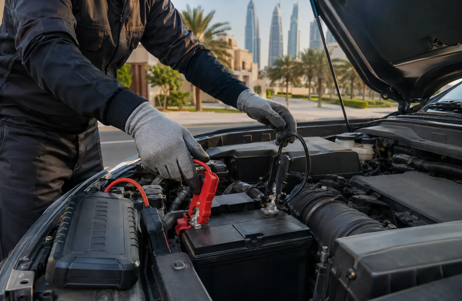 Mobile technician safely jump starting a car battery in Dubai